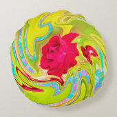 抽象芸術レッドローズオンイエローとアクアスワール ラウンドクッション (裏面)