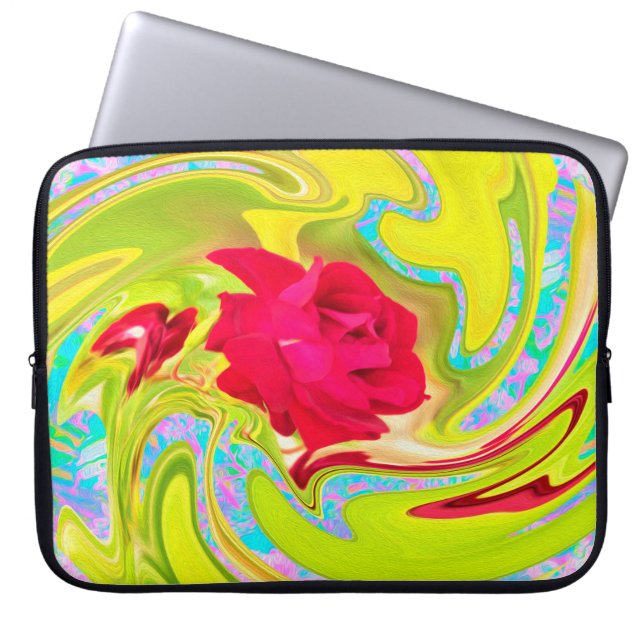 抽象芸術レッドローズオンイエローとアクアスワール ラップトップスリーブ (正面)