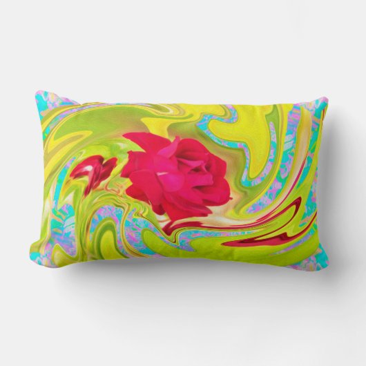 抽象芸術レッドローズオンイエローとアクアスワール ランバークッション (正面)