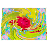 抽象芸術レッドローズオンイエローとアクアスワール ラージペーパーバッグ (正面)