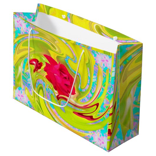 抽象芸術レッドローズオンイエローとアクアスワール ラージペーパーバッグ (正面アングル)