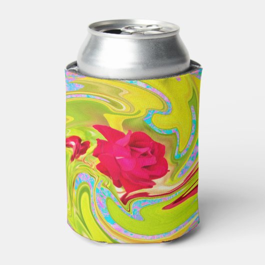 抽象芸術レッドローズオンイエローとアクアスワール 缶クーラー (缶正面)