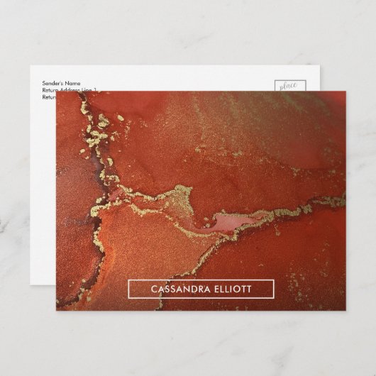 抽象芸術レッド&金ゴールドアルコールインクリキッドアート ポストカード (正面/裏面)