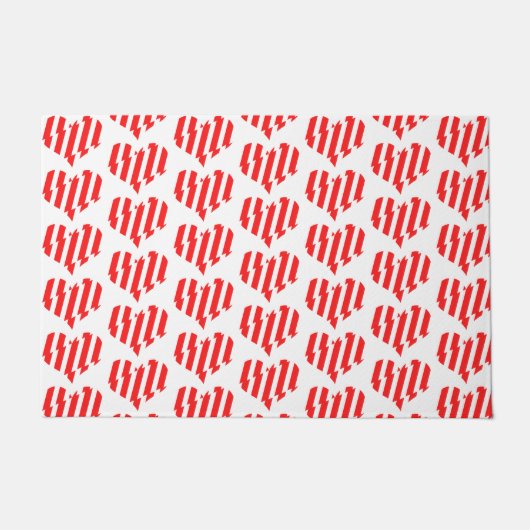 抽象芸術レッドnホワイトストライプハート ドアマット (正面)