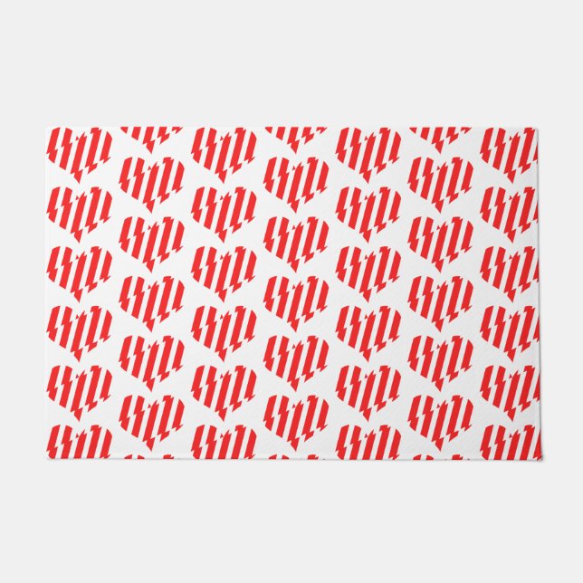 抽象芸術レッドnホワイトストライプハート ドアマット (正面)