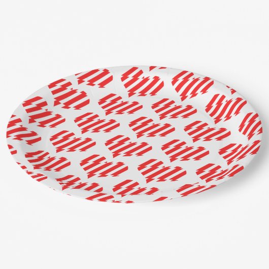 抽象芸術レッドnホワイトストライプハート ペーパープレート (アングル)