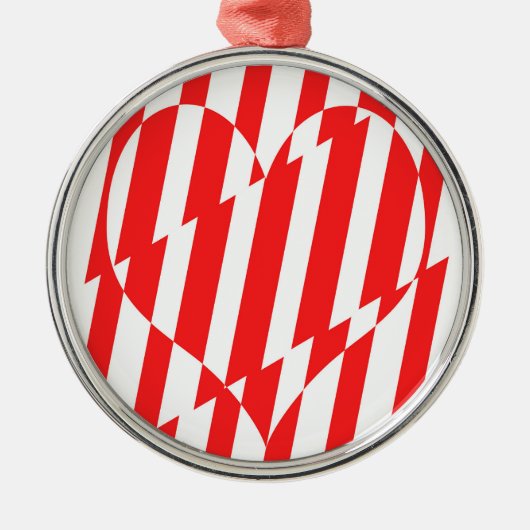 抽象芸術レッドnホワイトストライプハート メタルオーナメント (正面)