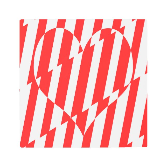 抽象芸術レッドnホワイトストライプハート メタルプリント (正面)