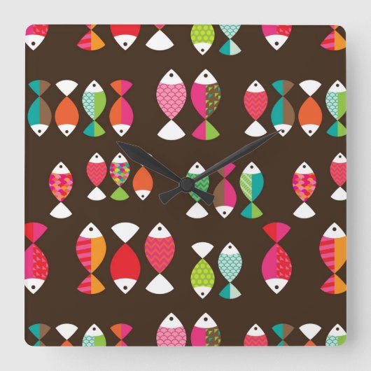 抽象芸術レトロな魚の水中パターン2 スクエア壁時計 (正面)