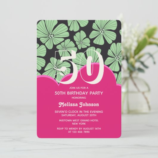 抽象芸術レトロカモミールフローラピンク誕生日 招待状 (スタンド正面)