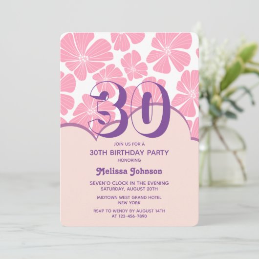 抽象芸術レトロカーネーションピンクカモミール誕生日 招待状 (スタンド正面)