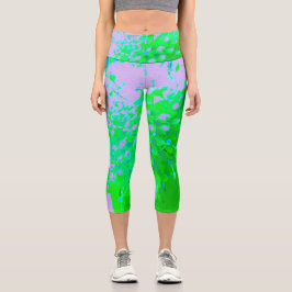 抽象芸術レトロフラワーインラベンダーライムグリーン カプリレギンス