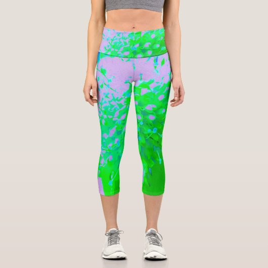 抽象芸術レトロフラワーインラベンダーライムグリーン カプリレギンス (正面)