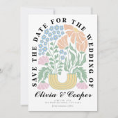 抽象芸術レトロブライトカラフルフローラ結婚ズ セーブザデート (正面)