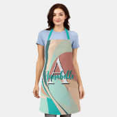 抽象芸術レトロモダンピーチラストティール（緑がかった色）モノグラム エプロン (着用した状態)