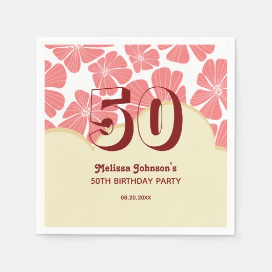 抽象芸術レトロレッドカモミールフラワー誕生日 スタンダードカクテルナプキン (正面)