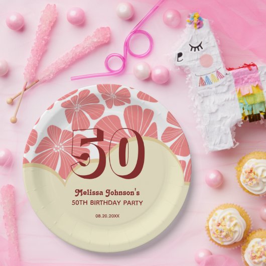 抽象芸術レトロレッドカモミールフラワー誕生日 ペーパープレート (パーティー)