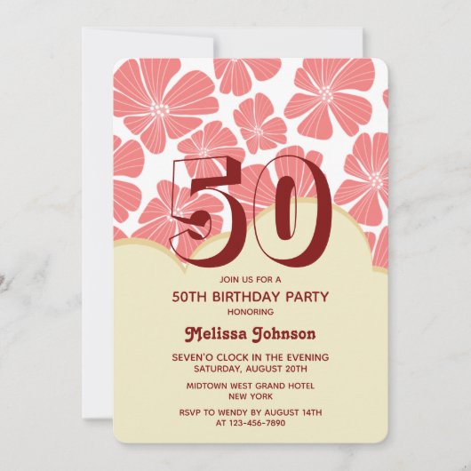 抽象芸術レトロレッドカモミールフラワー誕生日 招待状 (正面)