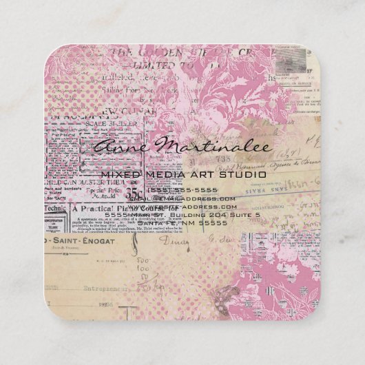 抽象芸術ヴィンテージコラージピンク スクエア名刺 (裏面)