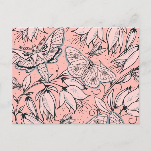 抽象芸術ヴィンテージピンクの花とバグ ポストカード (正面)