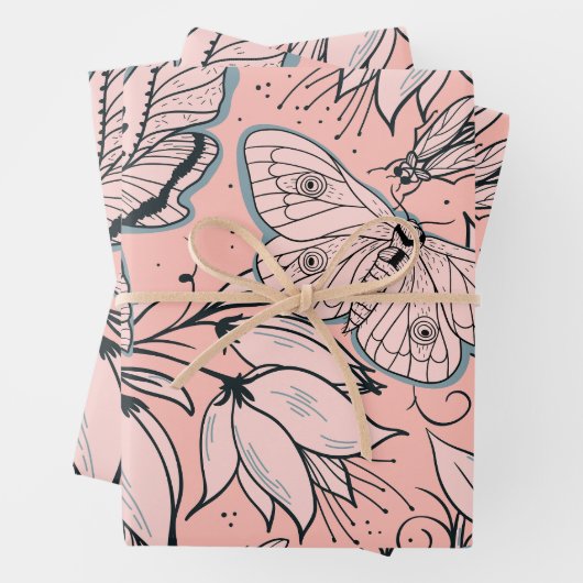 抽象芸術ヴィンテージピンクの花とバグ ラッピングペーパーシート (インサイチュ)