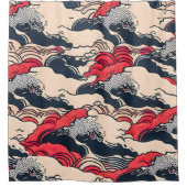 抽象芸術ヴィンテージ海波日本のスタイル芸術 | シャワーカーテン (正面)