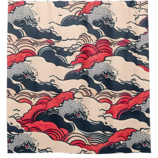 抽象芸術ヴィンテージ海波日本のスタイル芸術 | シャワーカーテン (正面)