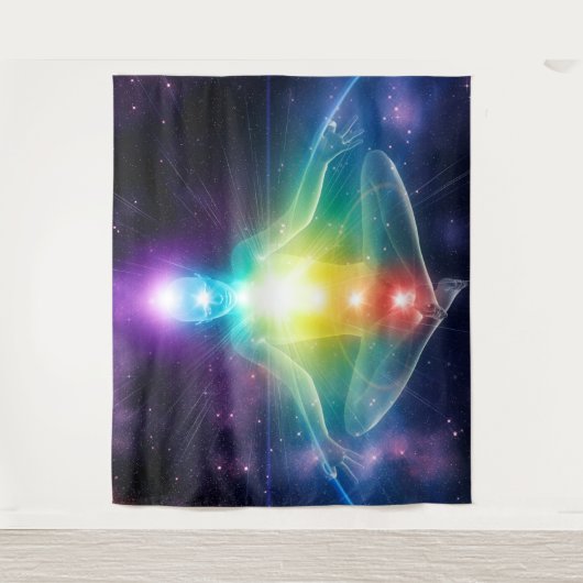 抽象芸術付き人型ロータスヨガポーズ(チャクラ) タペストリー (正面)