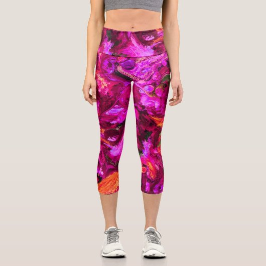 抽象芸術入りプリン、オレンジ、グリーン カプリレギンス (正面)