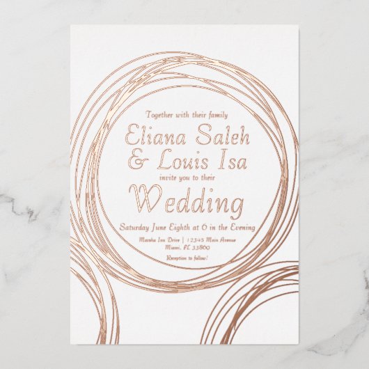 抽象芸術円形金ゴールド結婚の押された状態 箔招待状 (正面)