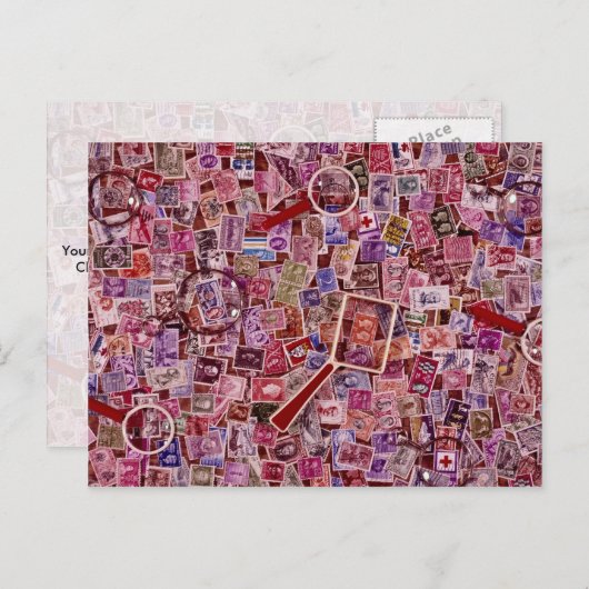 抽象芸術切手と拡大鏡 ポストカード (正面/裏面)