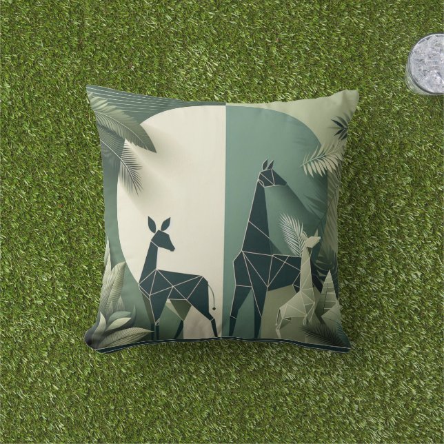 抽象芸術動物装飾用クッション – 幾何学ジャングル アウトドアクッション (芝生)
