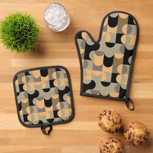 抽象芸術半円モダンOp Fusionアートパターン 鍋つかみ&鍋敷きセット (トップダウン)