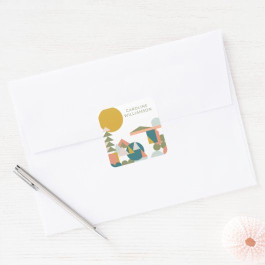 抽象芸術図形の横ティール（緑がかった色） パーソナライズされた スクエアシール (封筒)