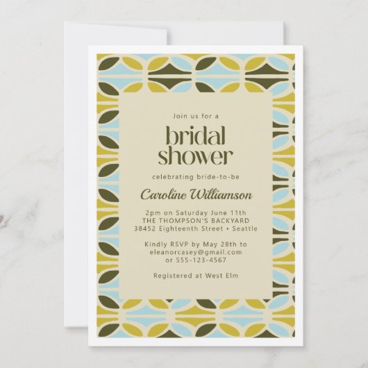 抽象芸術図形パターングリーンブルーブライダルシャワー 招待状 (正面)