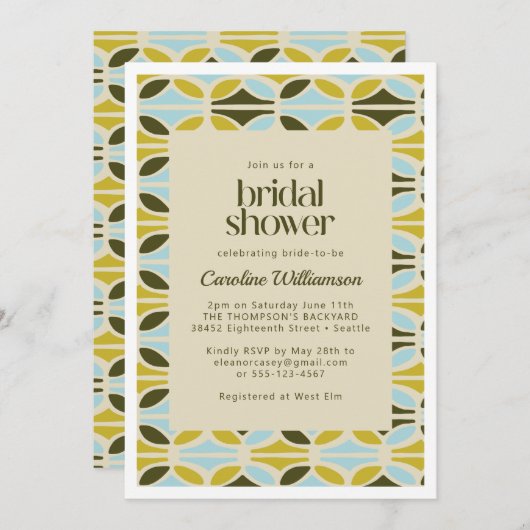 抽象芸術図形パターングリーンブルーブライダルシャワー 招待状 (正面/裏面)