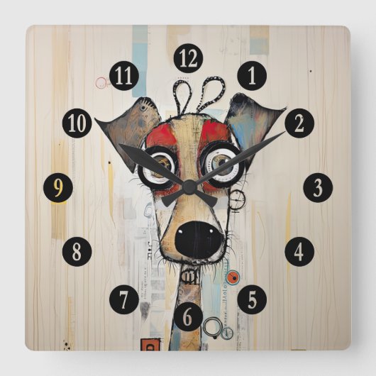 抽象芸術大きな目の犬 スクエア壁時計 (正面)