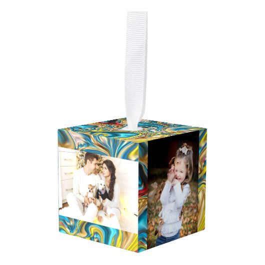 抽象芸術大理石スワーズ黄色ティール(緑がかった色)ターコイズブルー キューブオーナメント (正面アングル)