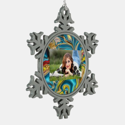 抽象芸術大理石スワーズ黄色ティール(緑がかった色)ターコイズブルー スノーフレークピューターオーナメント (左)