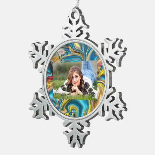 抽象芸術大理石スワーズ黄色ティール(緑がかった色)ターコイズブルー スノーフレークピューターオーナメント (右)