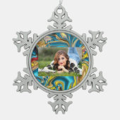 抽象芸術大理石スワーズ黄色ティール(緑がかった色)ターコイズブルー スノーフレークピューターオーナメント (正面)