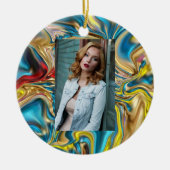 抽象芸術大理石スワーズ黄色ティール(緑がかった色)ターコイズブルー セラミックオーナメント (正面)