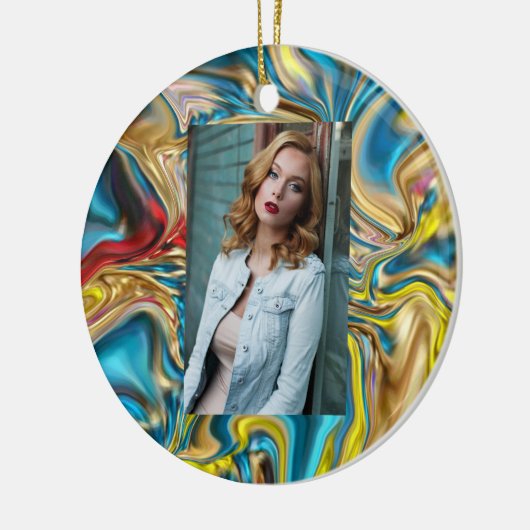 抽象芸術大理石スワーズ黄色ティール(緑がかった色)ターコイズブルー セラミックオーナメント (左)