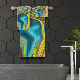 抽象芸術大理石スワーズ黄色ティール（緑がかった色）ターコイズブルー バスタオルセット