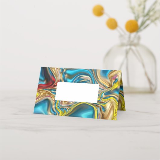 抽象芸術大理石スワーズ黄色ティール(緑がかった色)ターコイズブルー プレイスカード (正面)
