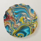 抽象芸術大理石スワーズ黄色ティール(緑がかった色)ターコイズブルー ラウンドクッション (裏面)