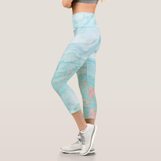 抽象芸術大理石ターコイズブルーバラ金ゴールド旋回 カプリレギンス (左)