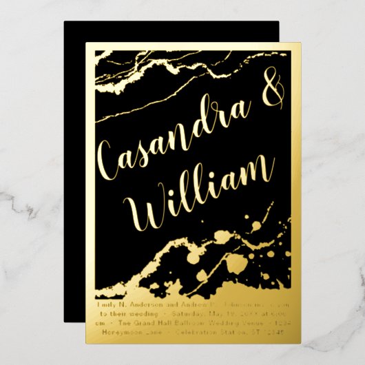 抽象芸術大理石ビーニング縁ど結婚金ゴールド 箔招待状 (正面/裏面)