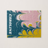 抽象芸術大理石モダンEbruパターンティール(緑がかった色)とピンク ジグソーパズル (横)