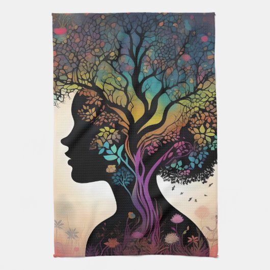 抽象芸術婦人の母自然の木と花 キッチンタオル (縦)